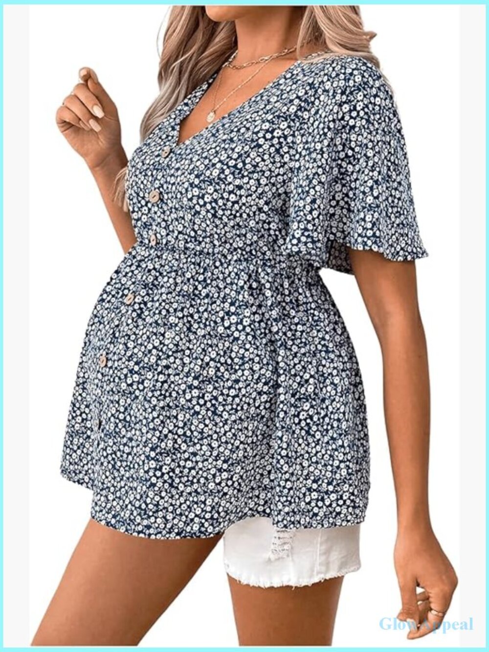 Maternity Peplum Blouse V-Neck Button Front Flowy Ruffle Top
